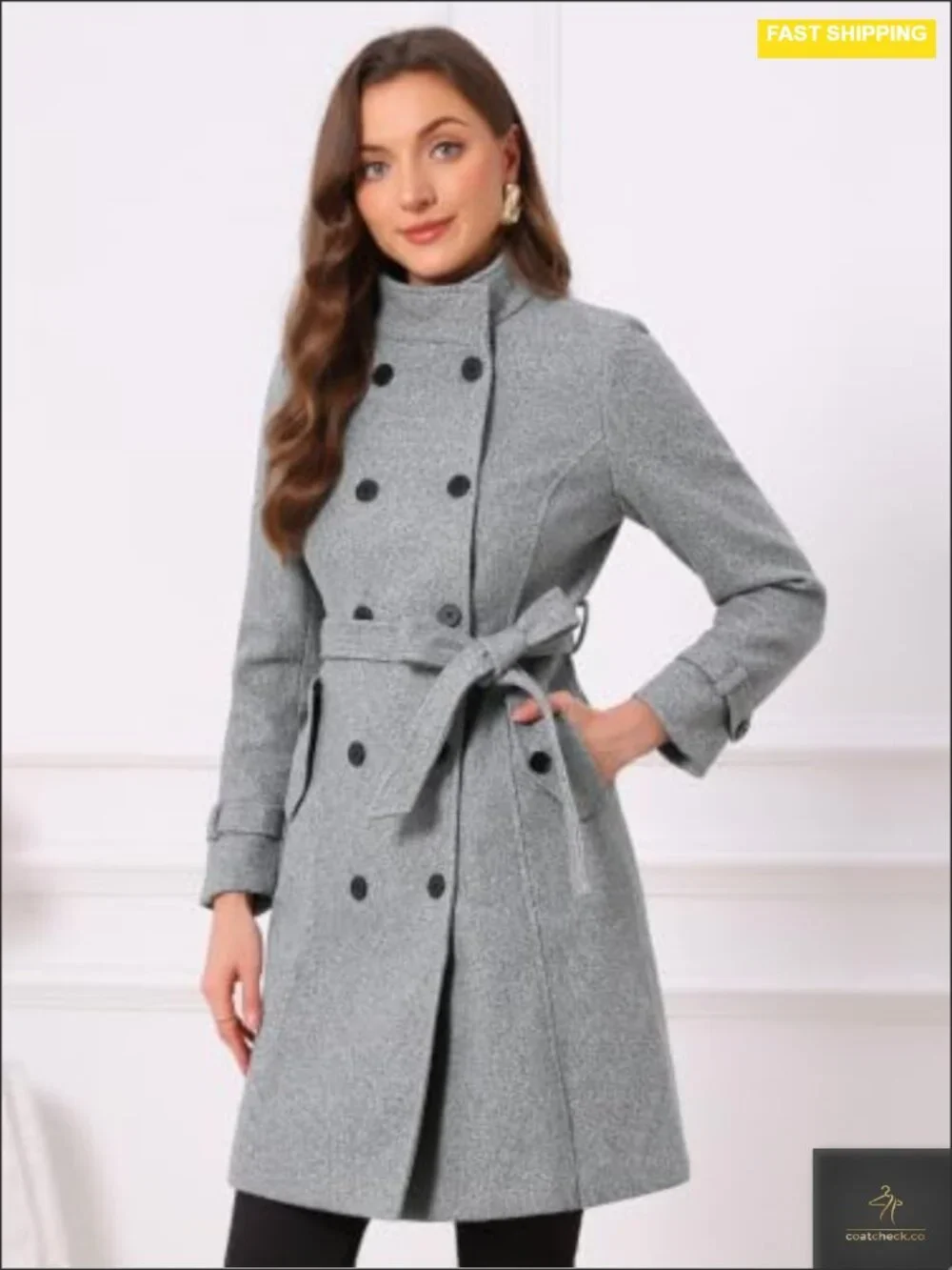 Women's Double-Breasted Wool Pea Coat Winter Overcoat with Pockets